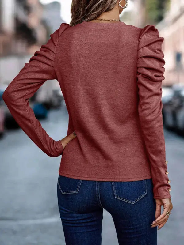 Blue Zone Planet |  Cashmere Round Neck Slim Puff Sleeve Long Sleeve Top BLUE ZONE PLANET