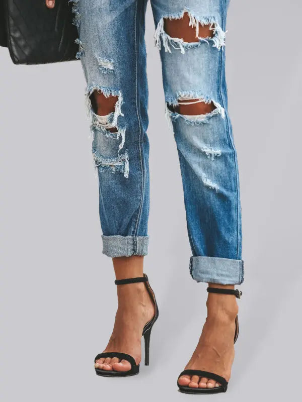 Blue Zone Planet |  Casual washed ripped straight leg street style jeans BLUE ZONE PLANET