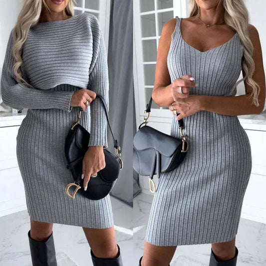 Blue Zone Planet |  Chic Duo Ribbed Off-Shoulder Top & Bodycon Knee-Length Dress Two Piece Set Blue Zone Planet