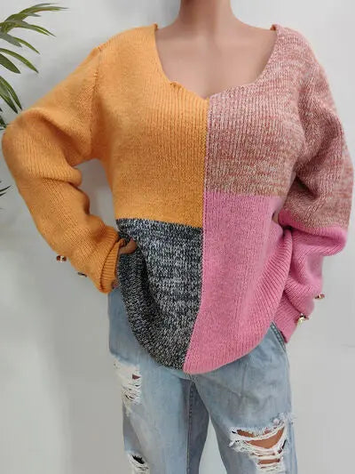 Blue Zone Planet |  Color Block Decorative Button Long Sleeve Sweater BLUE ZONE PLANET