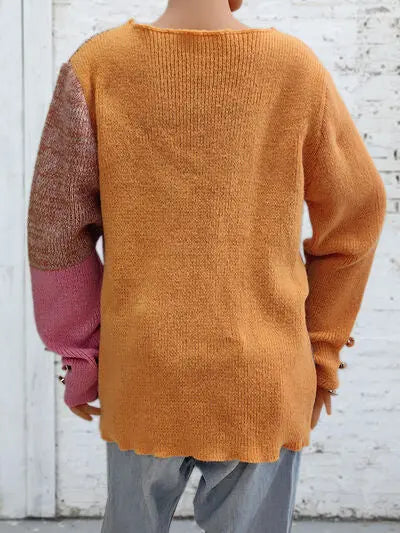 Blue Zone Planet |  Color Block Decorative Button Long Sleeve Sweater BLUE ZONE PLANET