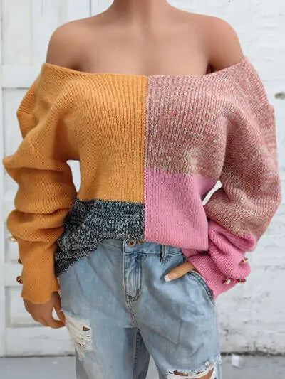 Blue Zone Planet |  Color Block Decorative Button Long Sleeve Sweater BLUE ZONE PLANET