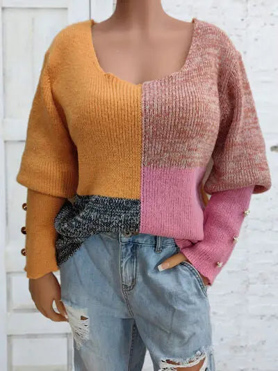 Blue Zone Planet |  Color Block Decorative Button Long Sleeve Sweater BLUE ZONE PLANET
