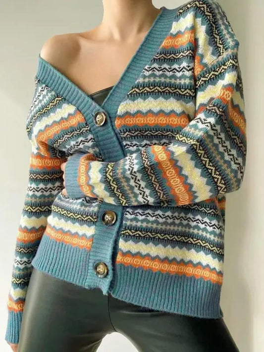 Blue Zone Planet |  Contrast Color Knitted Sweater Cardigan Jacket Sweater BLUE ZONE PLANET