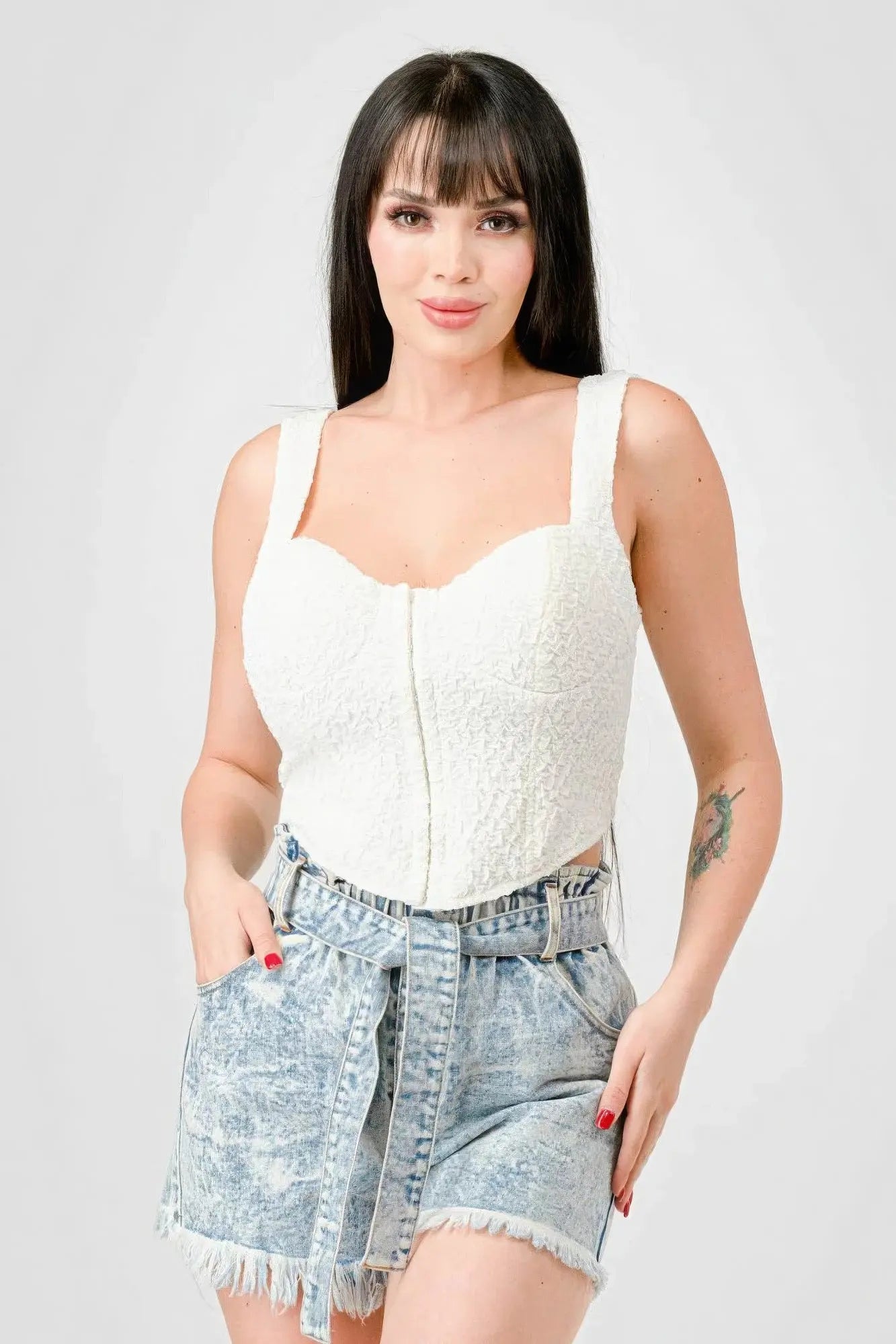Blue Zone Planet |  Crinkle Stretch Knit Sweetheart Hooked Bustier Cropped Top Blue Zone Planet