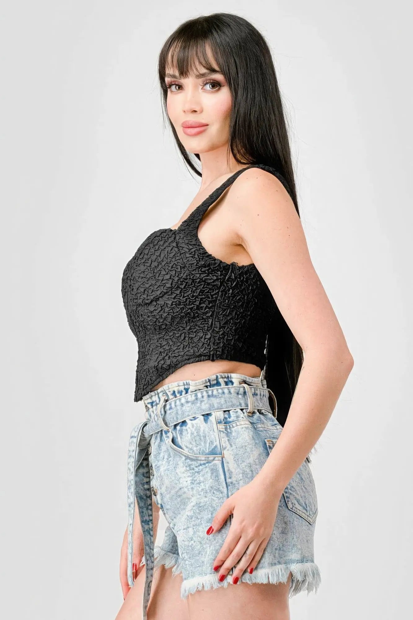 Blue Zone Planet |  Crinkle Stretch Knit Sweetheart Hooked Bustier Cropped Top Blue Zone Planet