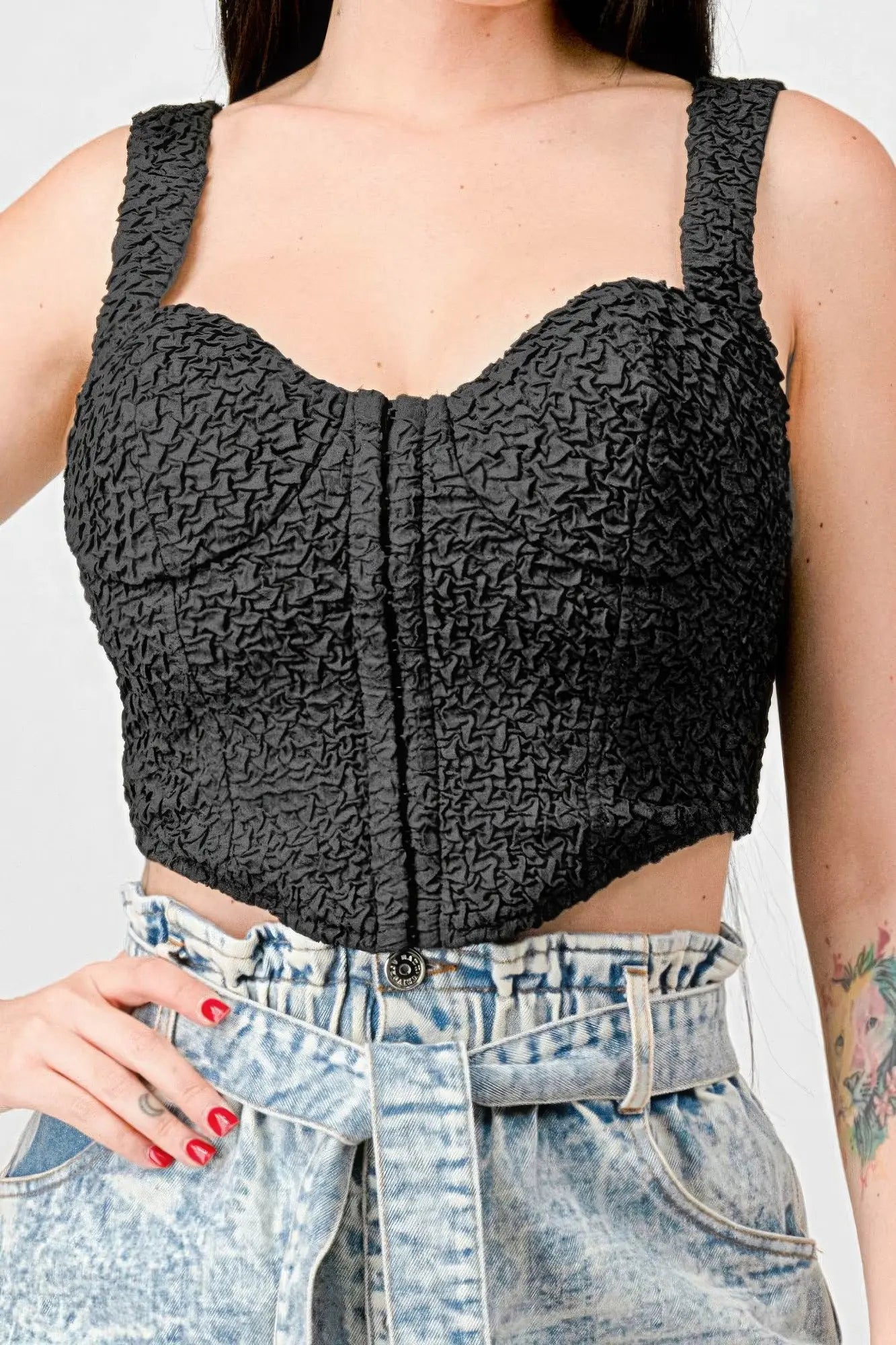 Blue Zone Planet |  Crinkle Stretch Knit Sweetheart Hooked Bustier Cropped Top Blue Zone Planet