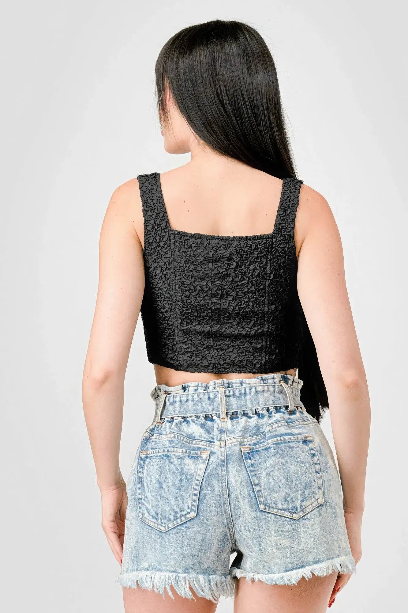 Blue Zone Planet |  Crinkle Stretch Knit Sweetheart Hooked Bustier Cropped Top Blue Zone Planet