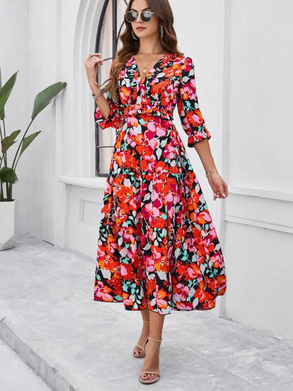 Blue Zone Planet |  Desiree's Floral printed V-neck side slit mini dress BLUE ZONE PLANET