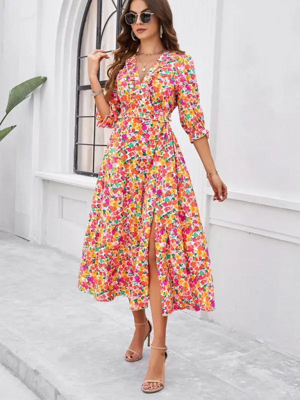 Blue Zone Planet |  Desiree's Floral printed V-neck side slit mini dress BLUE ZONE PLANET