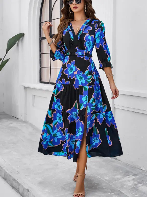 Blue Zone Planet |  Desiree's Floral printed V-neck side slit mini dress BLUE ZONE PLANET