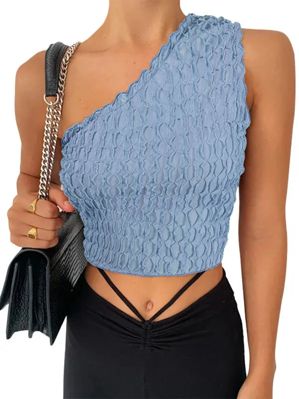 Blue Zone Planet |  Electra's Solid Color Textured One Shoulder Tank Top BLUE ZONE PLANET