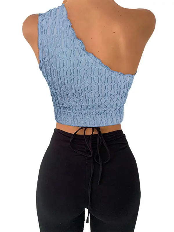 Blue Zone Planet |  Electra's Solid Color Textured One Shoulder Tank Top BLUE ZONE PLANET