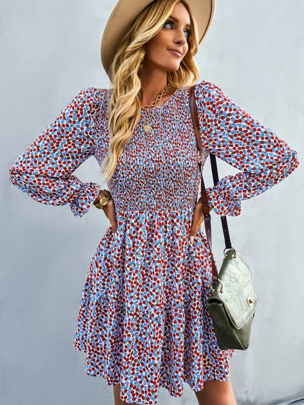 Blue Zone Planet | Emily's Round Neck Long Sleeve Versatile Floral Dress BLUE ZONE PLANET