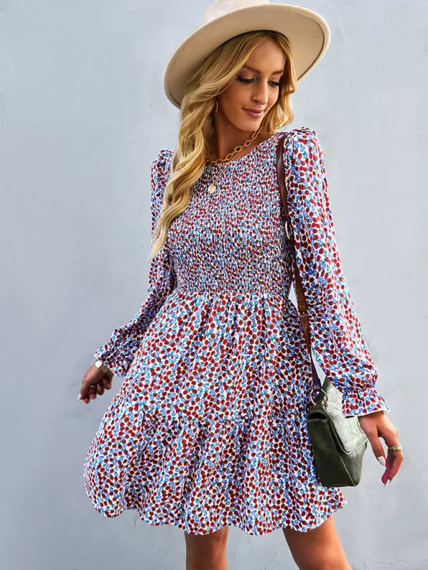 Blue Zone Planet | Emily's Round Neck Long Sleeve Versatile Floral Dress BLUE ZONE PLANET