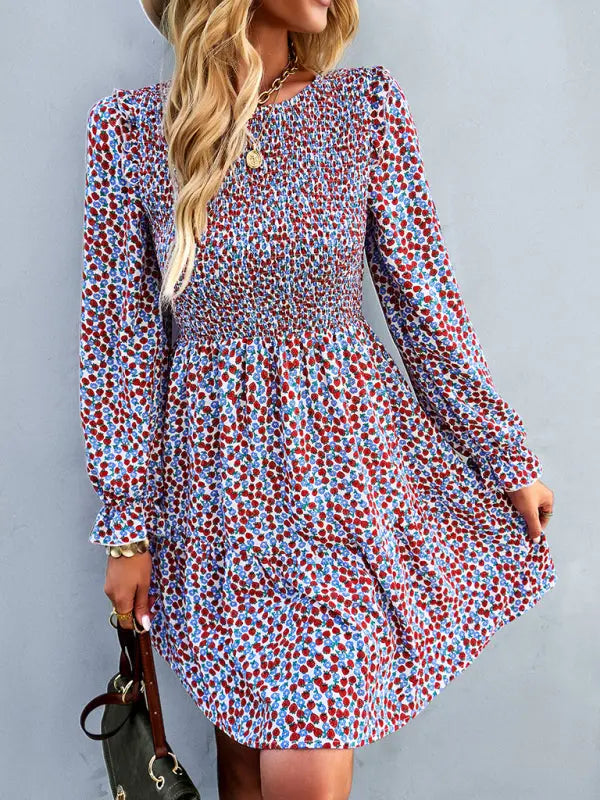 Blue Zone Planet | Emily's Round Neck Long Sleeve Versatile Floral Dress BLUE ZONE PLANET