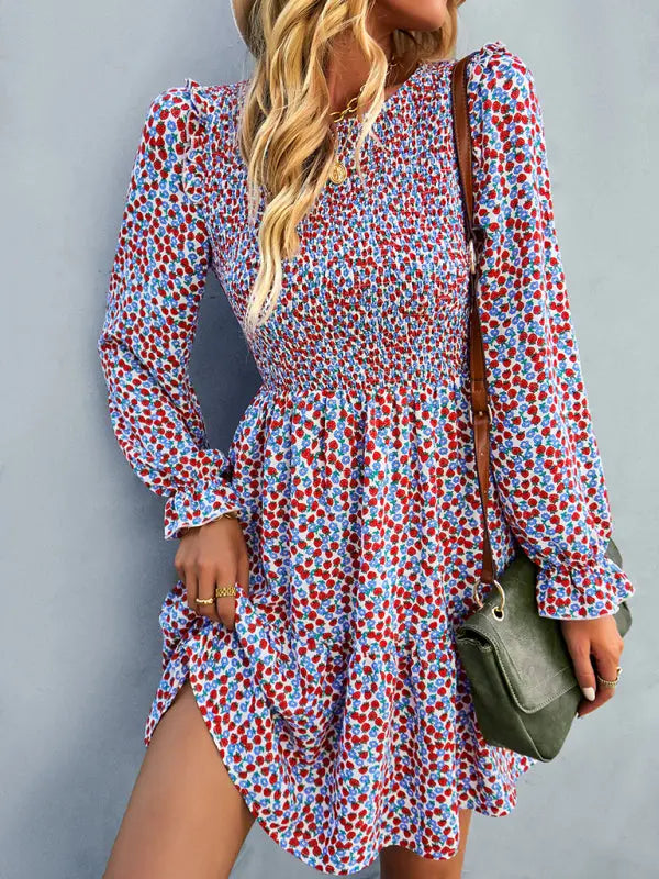 Blue Zone Planet | Emily's Round Neck Long Sleeve Versatile Floral Dress BLUE ZONE PLANET