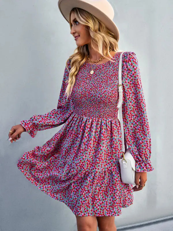 Blue Zone Planet | Emily's Round Neck Long Sleeve Versatile Floral Dress BLUE ZONE PLANET