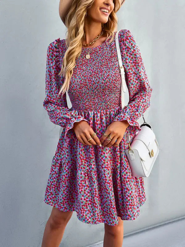 Blue Zone Planet | Emily's Round Neck Long Sleeve Versatile Floral Dress BLUE ZONE PLANET