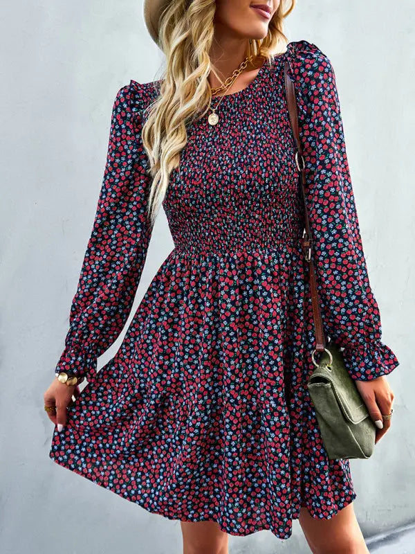 Blue Zone Planet | Emily's Round Neck Long Sleeve Versatile Floral Dress BLUE ZONE PLANET