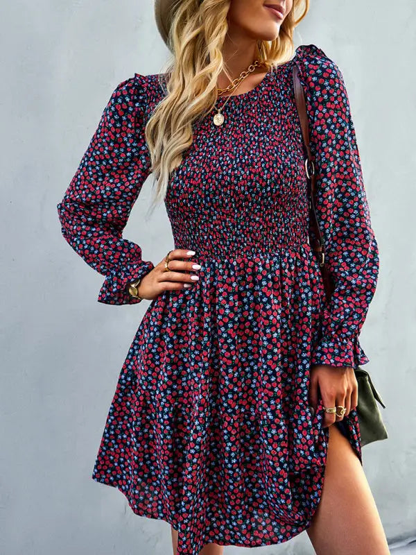 Blue Zone Planet | Emily's Round Neck Long Sleeve Versatile Floral Dress BLUE ZONE PLANET