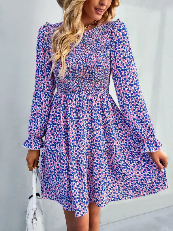 Blue Zone Planet | Emily's Round Neck Long Sleeve Versatile Floral Dress BLUE ZONE PLANET