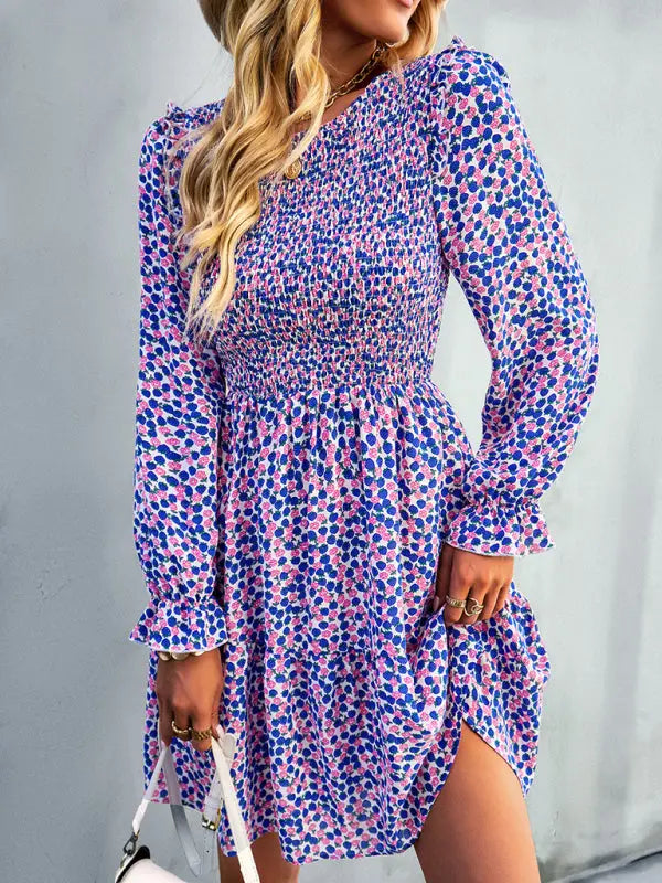 Blue Zone Planet | Emily's Round Neck Long Sleeve Versatile Floral Dress BLUE ZONE PLANET