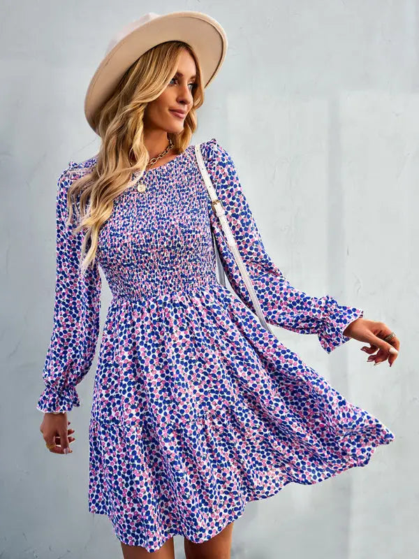 Blue Zone Planet | Emily's Round Neck Long Sleeve Versatile Floral Dress BLUE ZONE PLANET