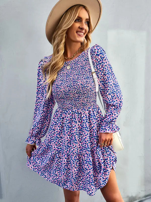 Blue Zone Planet | Emily's Round Neck Long Sleeve Versatile Floral Dress BLUE ZONE PLANET