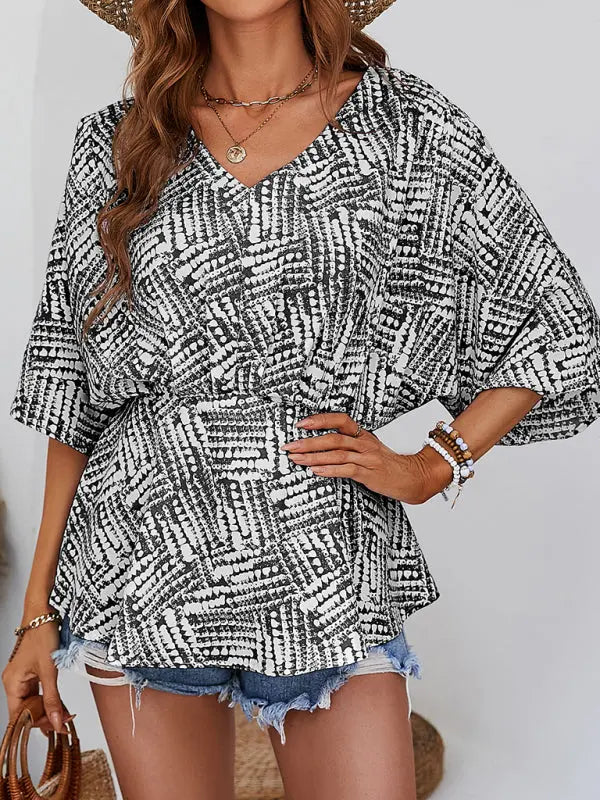 Blue Zone Planet |  Emma's V-neck bat sleeve loose waist printed top BLUE ZONE PLANET