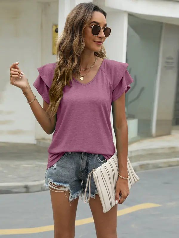 Blue Zone Planet |  Emma's summer solid color V-neck double layer ruffled sleeve loose top t-shirt BLUE ZONE PLANET