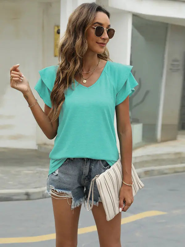 Blue Zone Planet |  Emma's summer solid color V-neck double layer ruffled sleeve loose top t-shirt BLUE ZONE PLANET