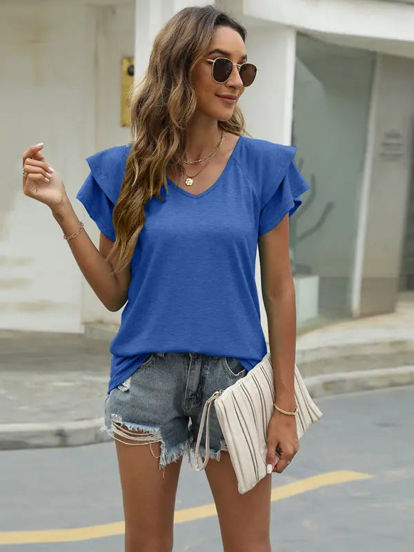 Blue Zone Planet |  Emma's summer solid color V-neck double layer ruffled sleeve loose top t-shirt kakaclo