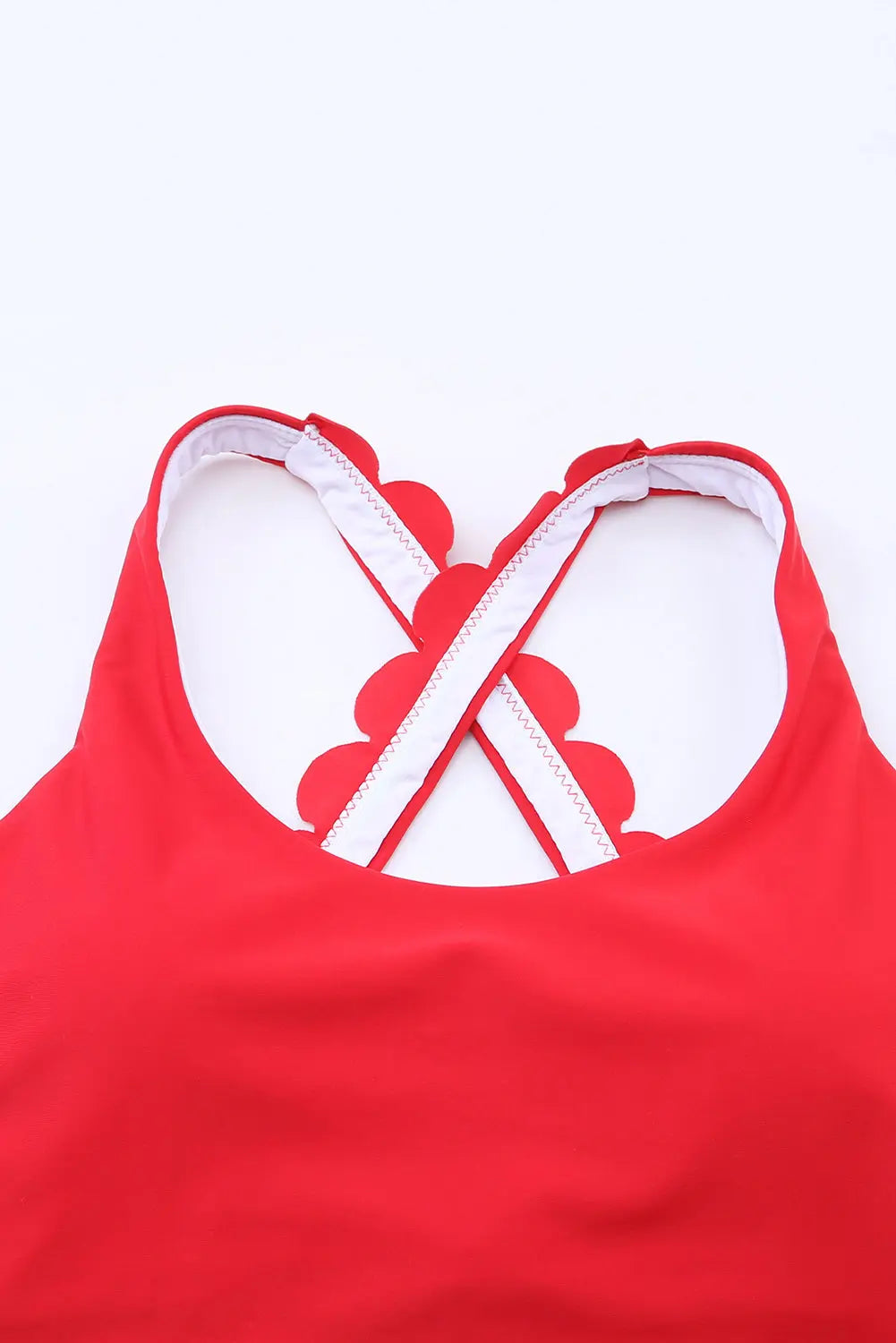Blue Zone Planet |  Fiery Red Scalloped Crossed Straps Cropped Bikini Top Blue Zone Planet