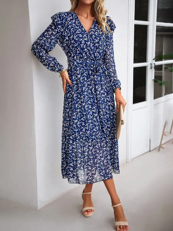 Blue Zone Planet |  Floral V-neck Long Sleeve Dress BLUE ZONE PLANET