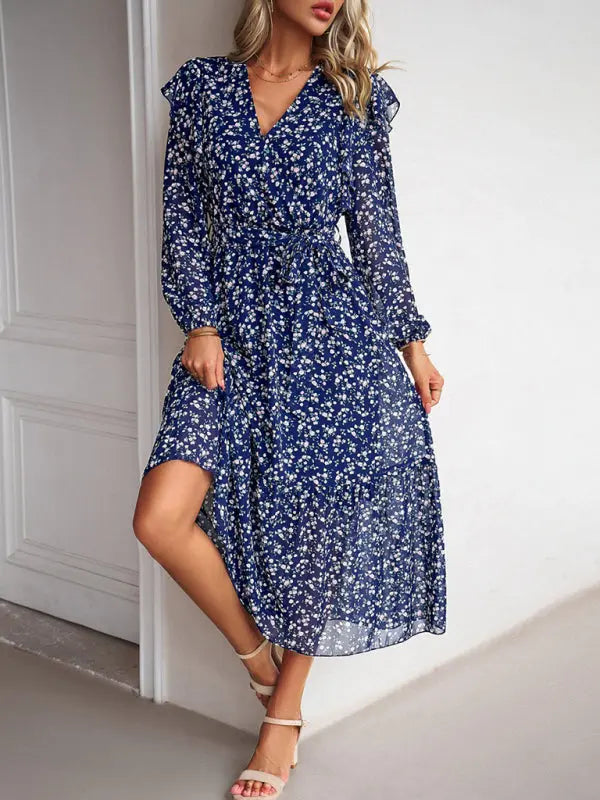 Blue Zone Planet |  Floral V-neck Long Sleeve Dress BLUE ZONE PLANET