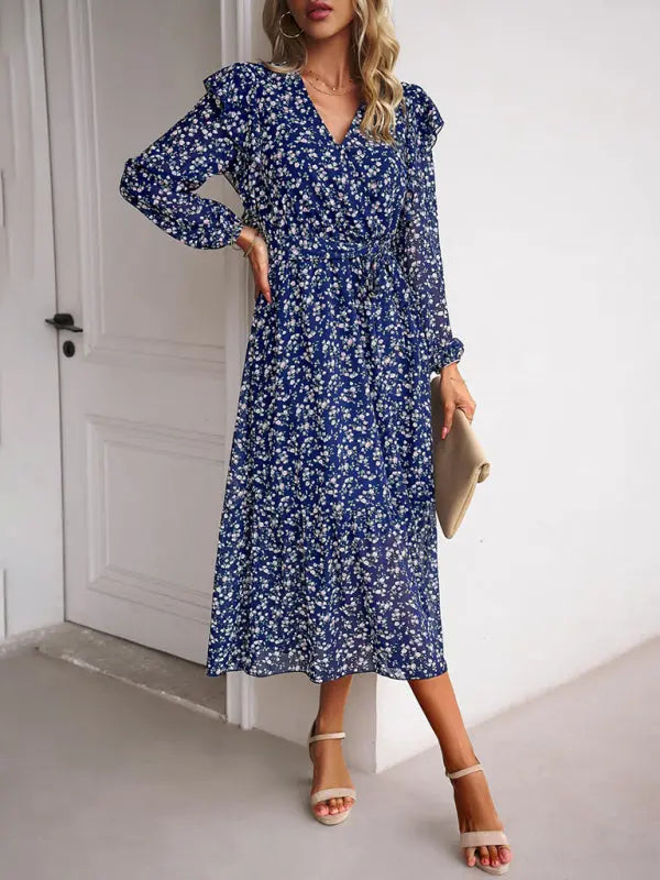 Blue Zone Planet |  Floral V-neck Long Sleeve Dress BLUE ZONE PLANET