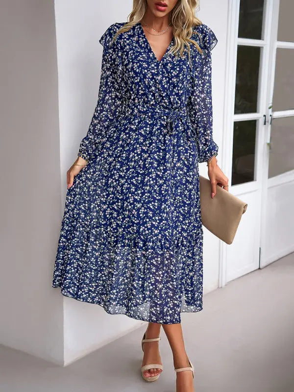 Blue Zone Planet |  Floral V-neck Long Sleeve Dress BLUE ZONE PLANET