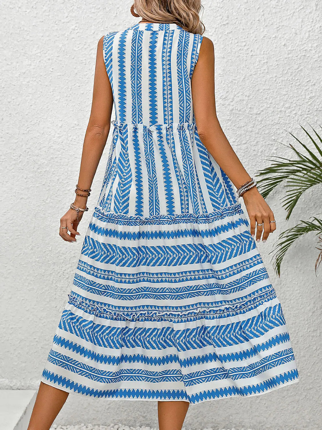 Blue Zone Planet |  Frill Printed Notched Sleeveless Dress BLUE ZONE PLANET