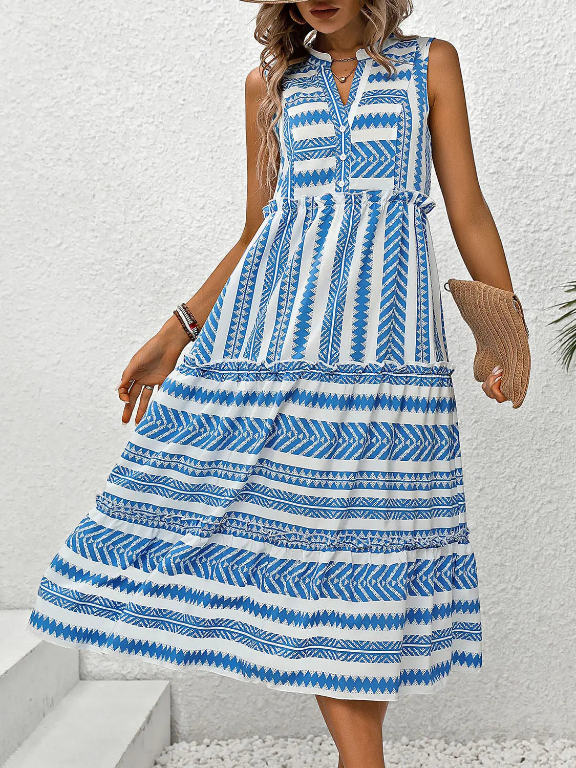 Blue Zone Planet |  Frill Printed Notched Sleeveless Dress BLUE ZONE PLANET