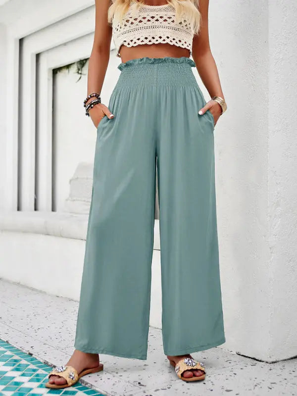 Blue Zone Planet |  Gia's casual solid color loose elastic high-waist trousers kakaclo