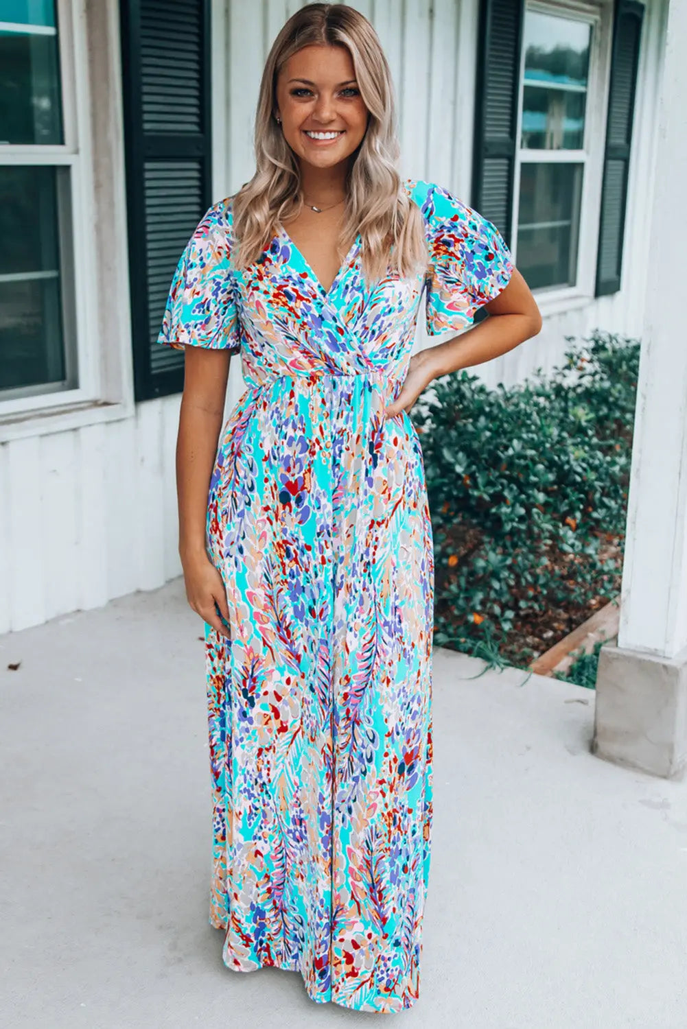 Blue Zone Planet |  Green Wrap V Neck Floral Maxi Dress Blue Zone Planet