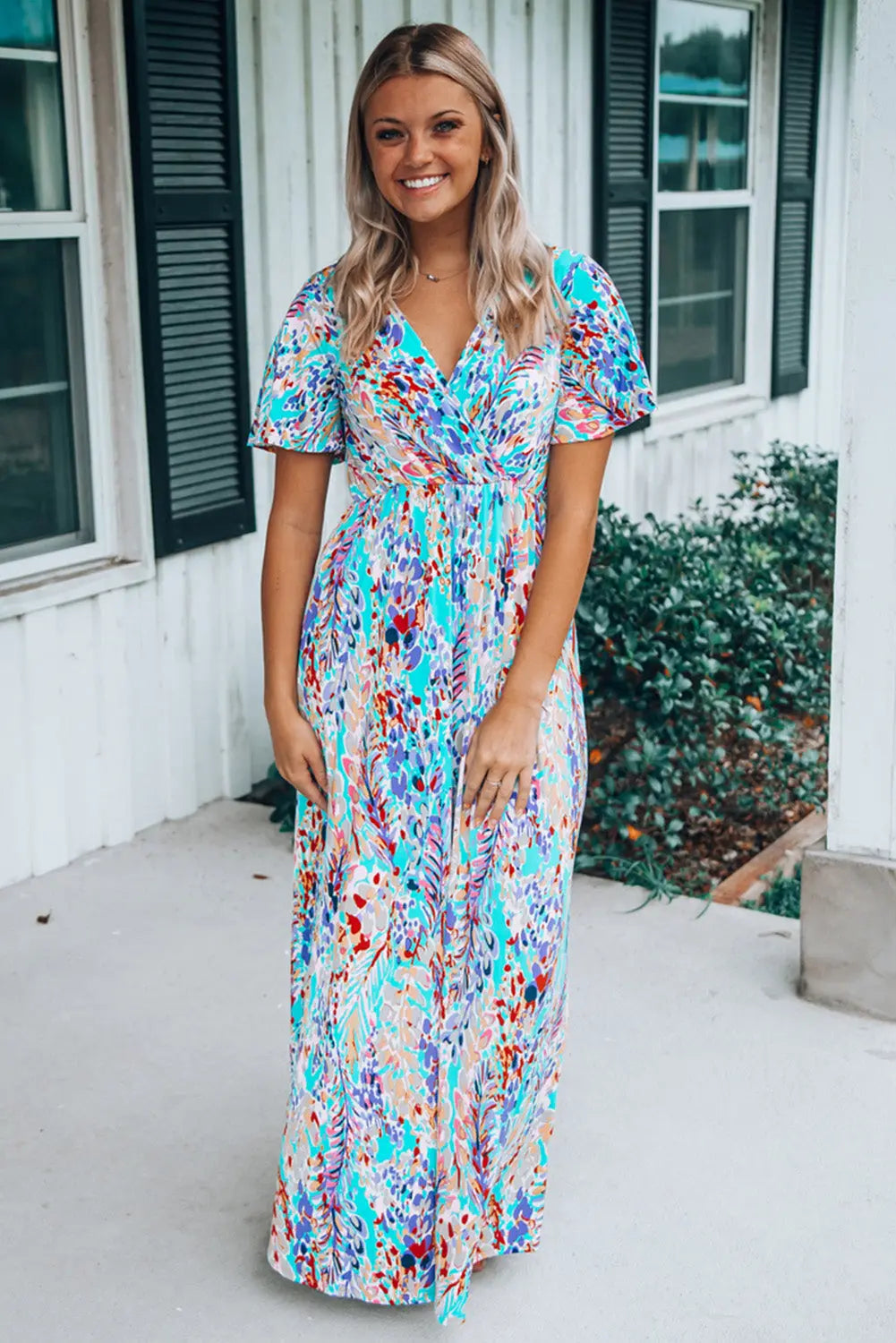 Blue Zone Planet |  Green Wrap V Neck Floral Maxi Dress Blue Zone Planet