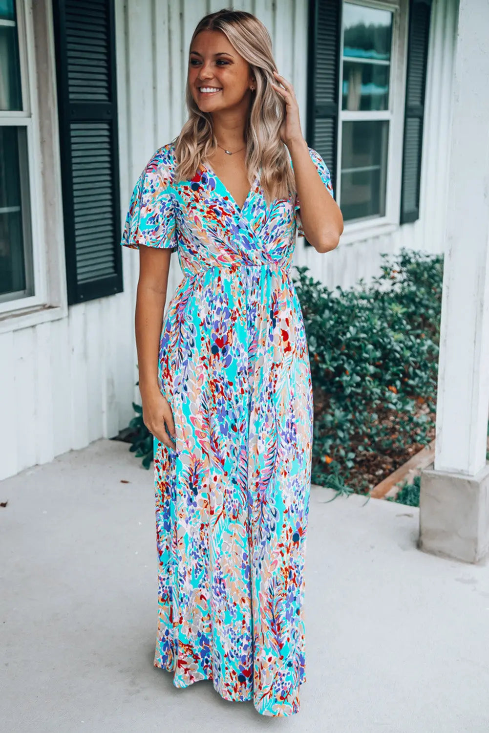 Blue Zone Planet |  Green Wrap V Neck Floral Maxi Dress Blue Zone Planet