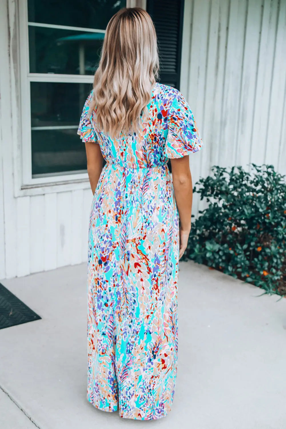 Blue Zone Planet |  Green Wrap V Neck Floral Maxi Dress Blue Zone Planet