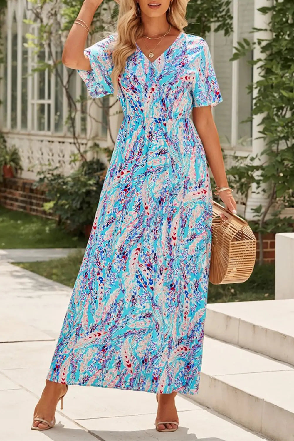 Blue Zone Planet |  Green Wrap V Neck Floral Maxi Dress Blue Zone Planet