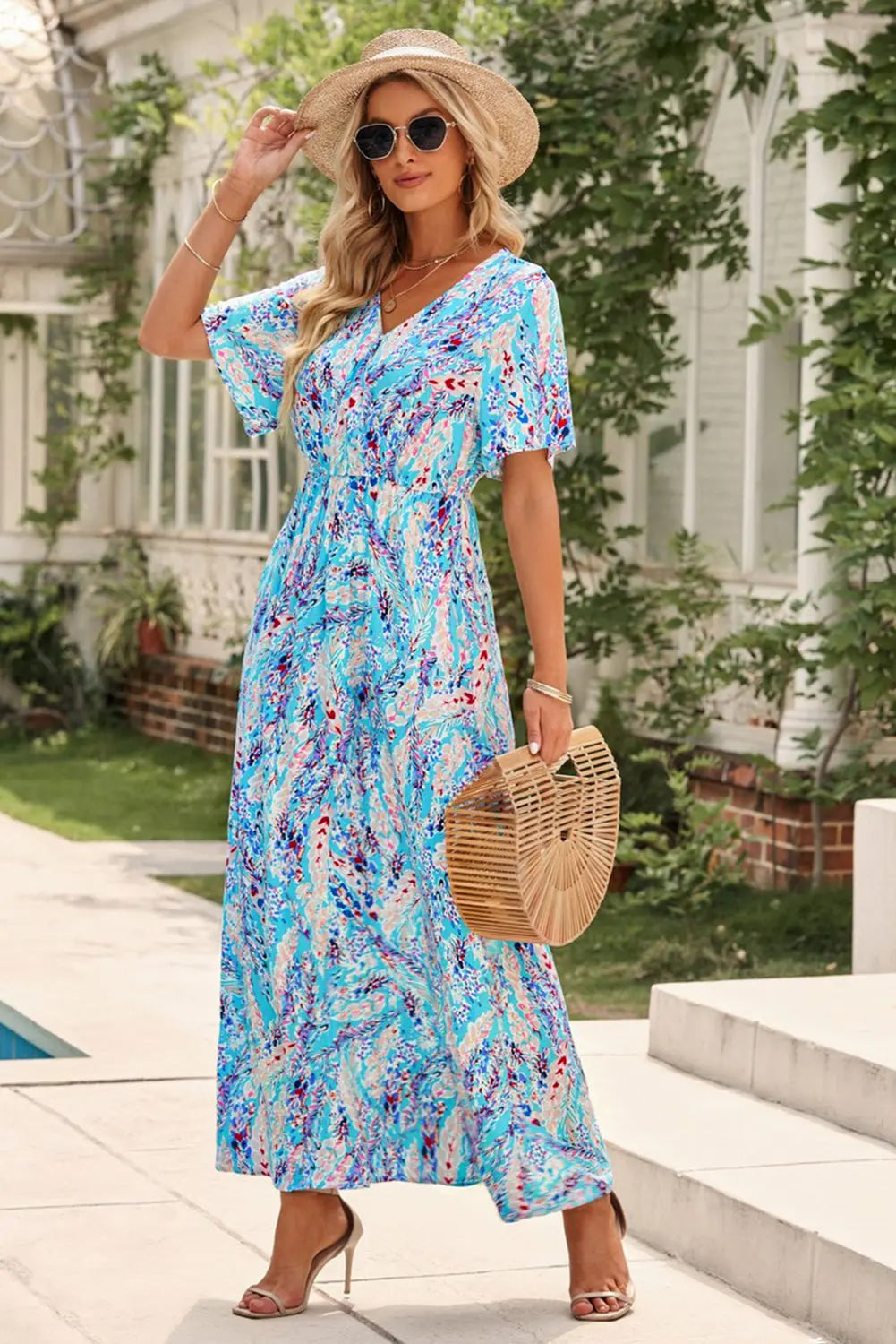 Blue Zone Planet |  Green Wrap V Neck Floral Maxi Dress Blue Zone Planet