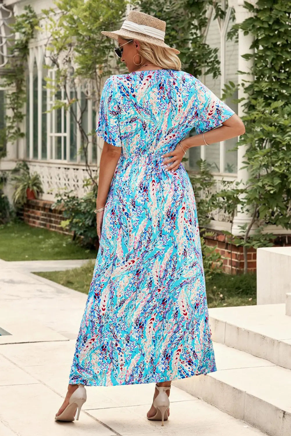 Blue Zone Planet |  Green Wrap V Neck Floral Maxi Dress Blue Zone Planet
