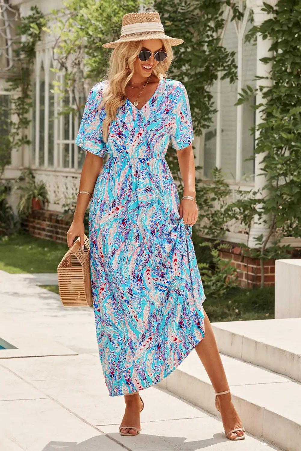 Blue Zone Planet |  Green Wrap V Neck Floral Maxi Dress Blue Zone Planet