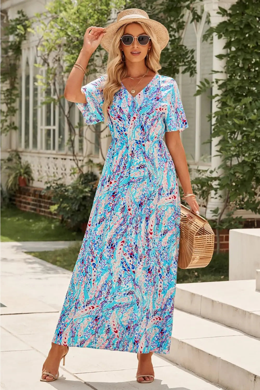 Blue Zone Planet |  Green Wrap V Neck Floral Maxi Dress Blue Zone Planet